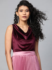 SASSAFRAS Burgundy Velvet Finish Cowl Neck Top