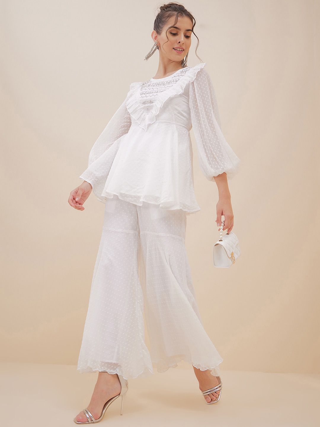 Antheaa Off White Self Design Embellished Puffed Sleeves Top With Palazzos