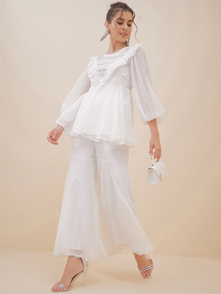 Antheaa Off White Self Design Embellished Puffed Sleeves Top With Palazzos