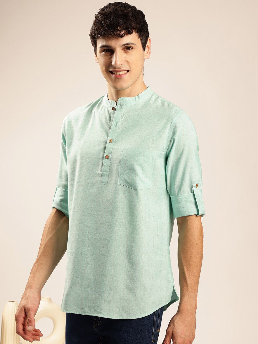 Anouk Blue Striped Woven Design Mandarin Collar Roll-Up Sleeves Zari Pathani Short Kurta