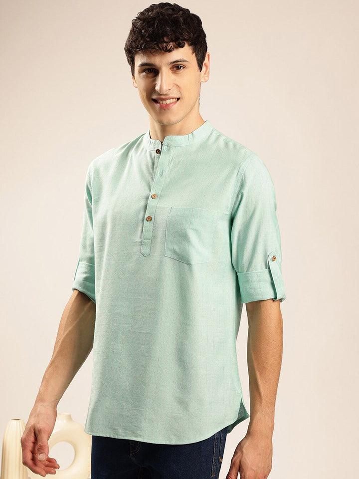 Anouk Blue Striped Woven Design Mandarin Collar Roll-Up Sleeves Zari Pathani Short Kurta