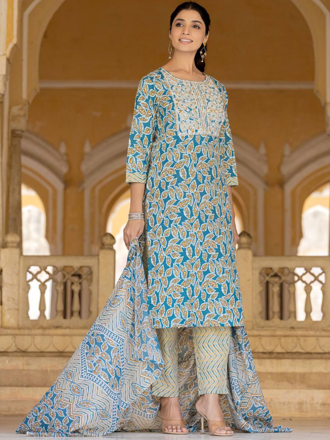 Varanga Floral Printed Regular Thread Work Kurta with Trouser & Dupatta