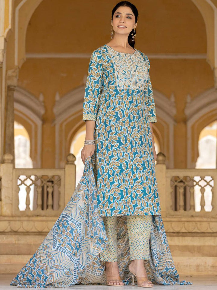 Varanga Floral Printed Regular Thread Work Kurta with Trouser & Dupatta