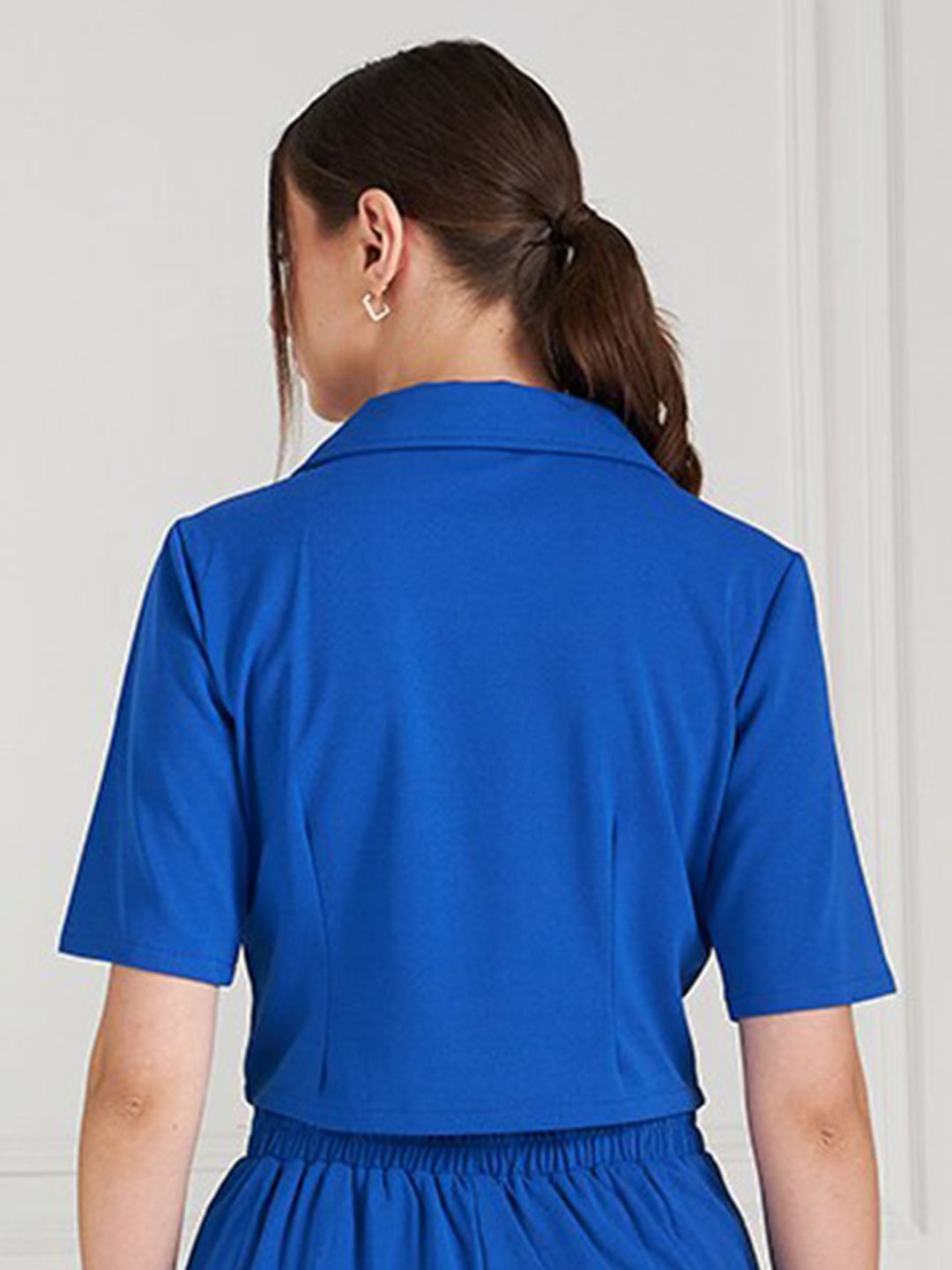 Athena Blue Lapel Collar Short Sleeves Shirt Style Top