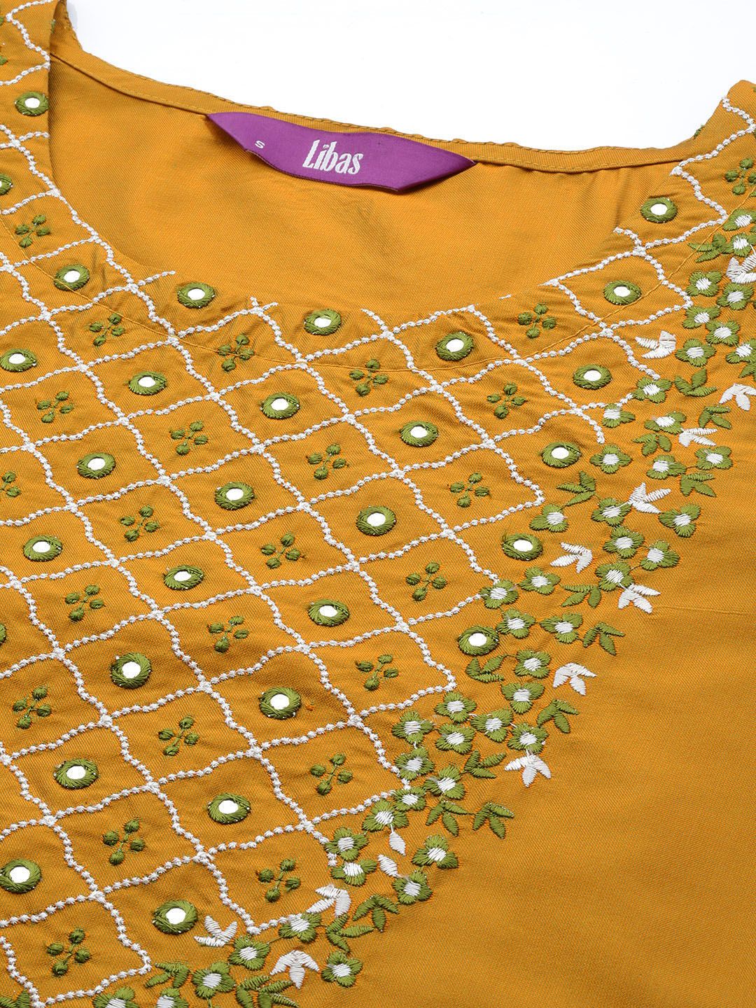 Libas Women Mustard Yellow Floral Yoke Design Mirror Work Kurta with Trousers & With Dupatta