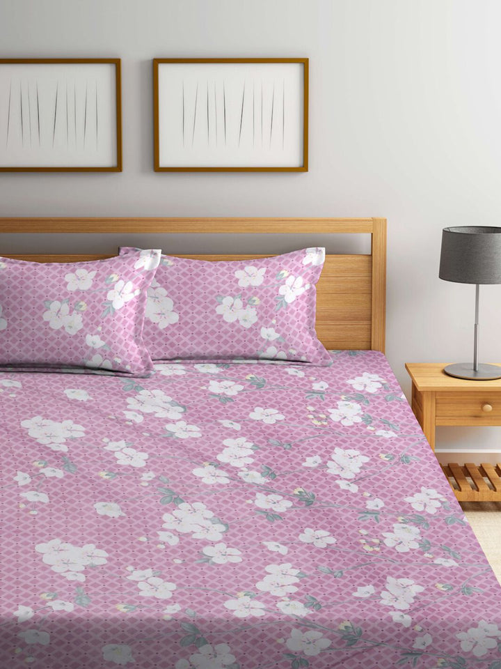 KLOTTHE Purple Floral Cotton Mesra Kulit 300 TC Dilengkapi Cadar King Halus dengan 2 Sarung Bantal-250 x 225 cm