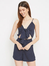 Berrylush Navy Blue & White Polka Dots Printed Cut-Out Playsuit