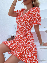 DressBerry Floral Printed Knot Detail Puff Sleeves Wrap Dress
