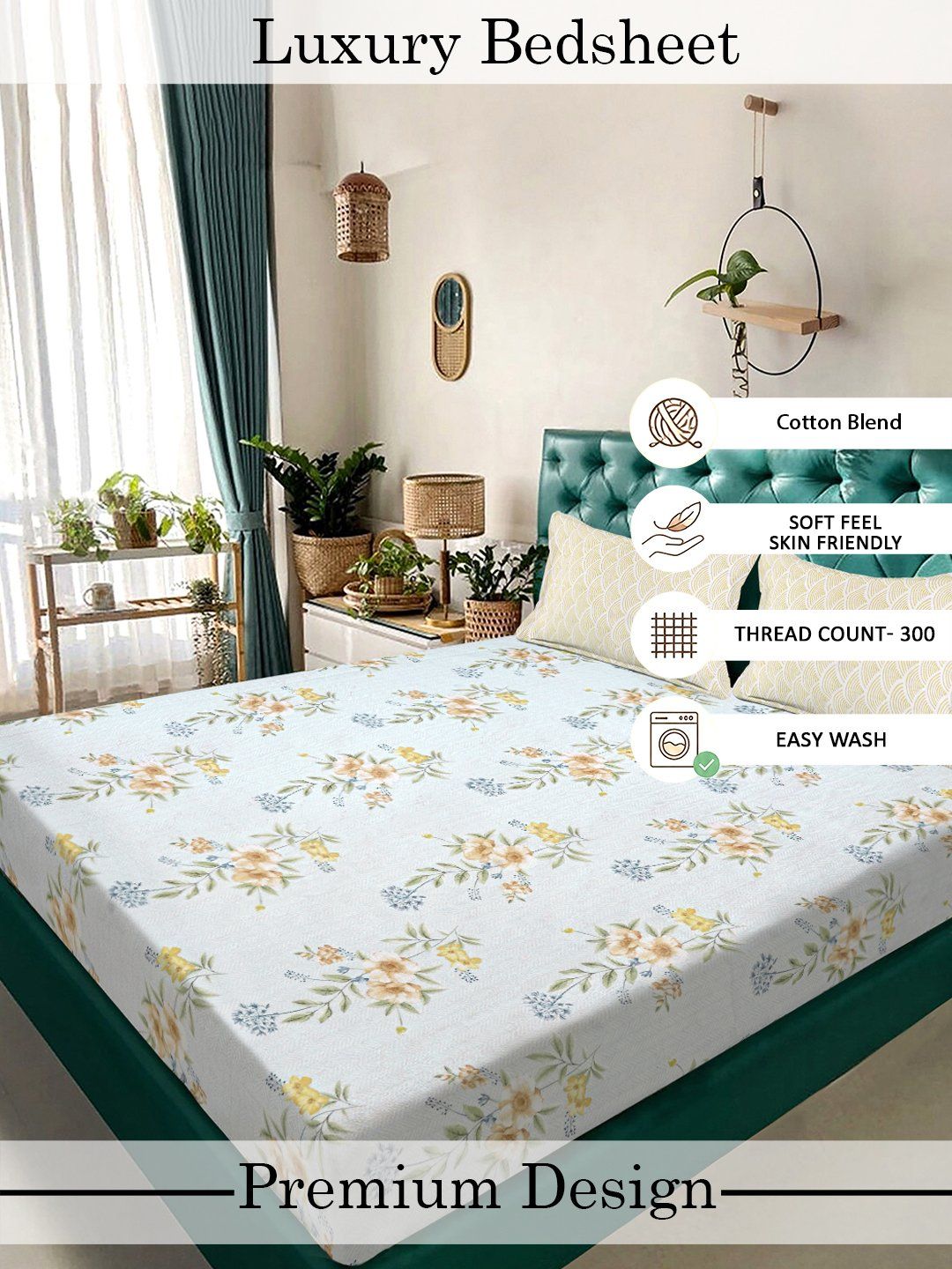 Myntra Elegant Homes White Floral 300 TC King Cadar dengan 2 Sarung Bantal
