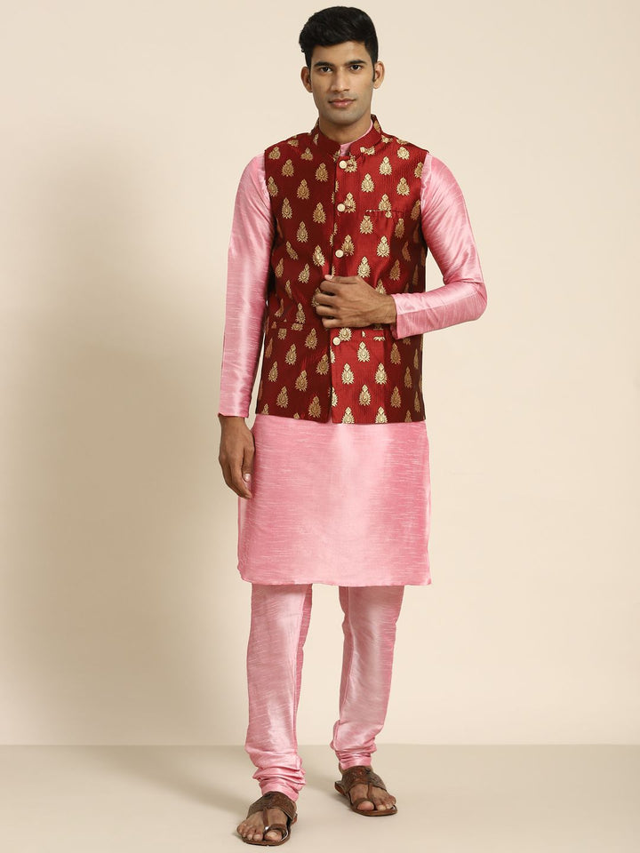 SOJANYA Men Pink Kurta with Churidar with Nehru Jacket