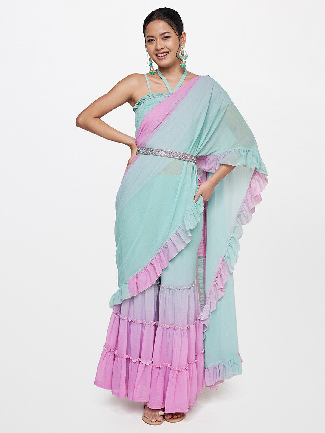Global Desi Blue & Purple Palazzo Saree