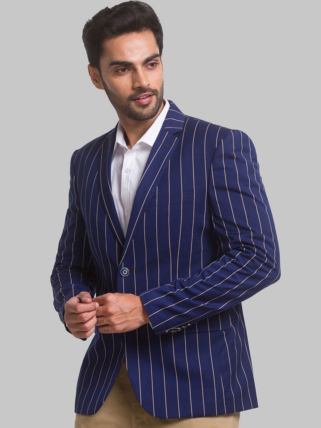 Park Avenue Men Blue Striped Single Breasted Formal Blazer