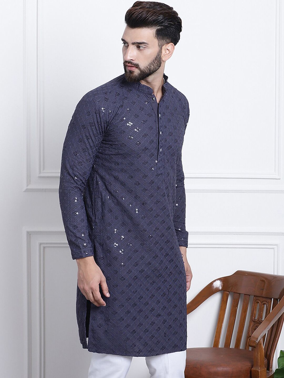 SOJANYA Kurta Kapas Tulen Kolar Mandarin Dihiasi