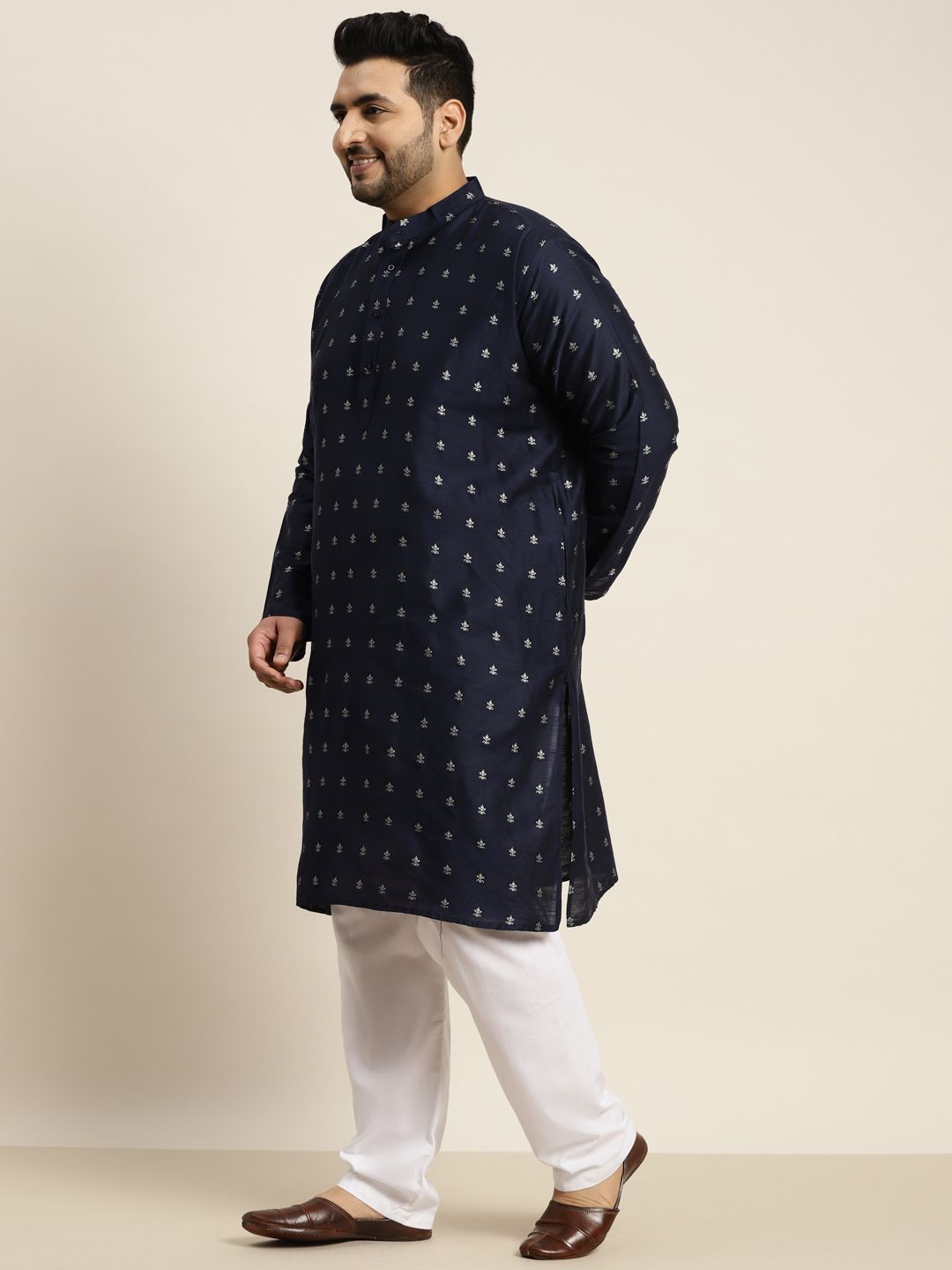 SOJANYA PLUS Lelaki Biru Laut & Perak Rekaan Tenunan Sutera Jacquard Kurta Lurus