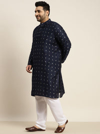 SOJANYA PLUS Lelaki Biru Laut & Perak Rekaan Tenunan Sutera Jacquard Kurta Lurus