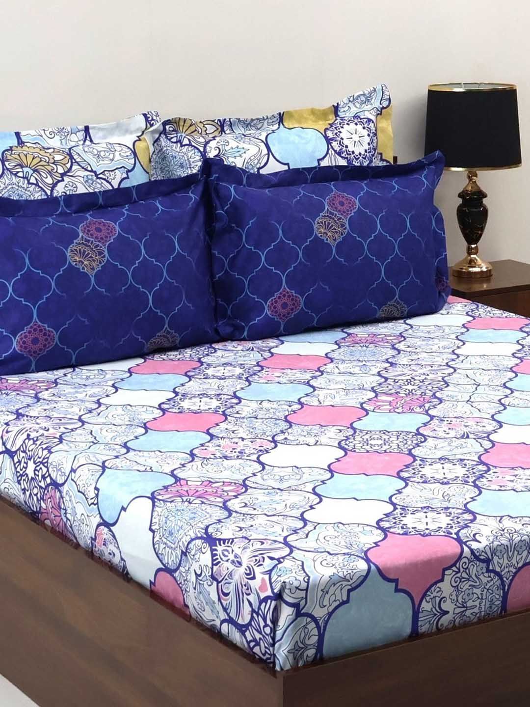 Bombay Dyeing Celebrating India Blue Print 300TC Cotton King Bedsheet & 4 Pillow Cover