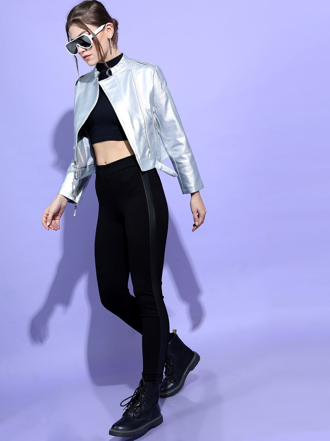Tokyo Talkies Women Silver Crop Biker Jacket