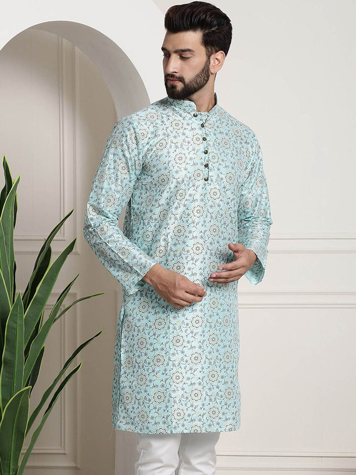 SOJANYA Floral Woven Design Mandarin Collar Silk Cotton Kurta