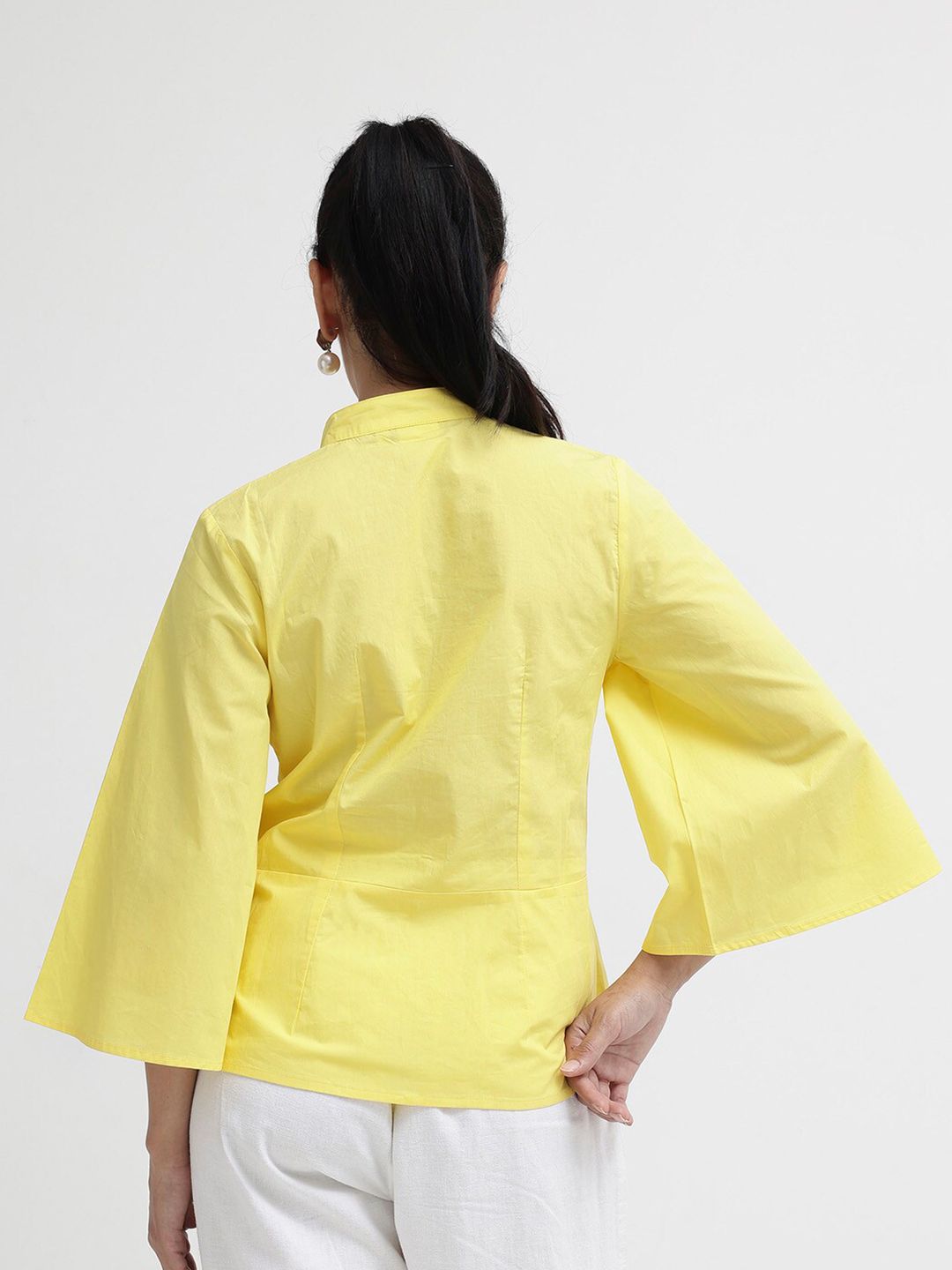 RAREISM Self Design Mandarin Collar Flared Sleeve Cotton Top