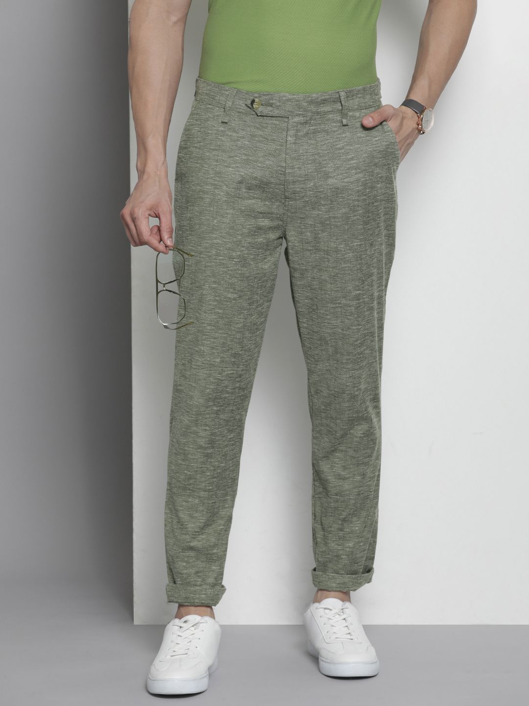 The Indian Garage Co Men Textured Slim Fit Chinos Trousers