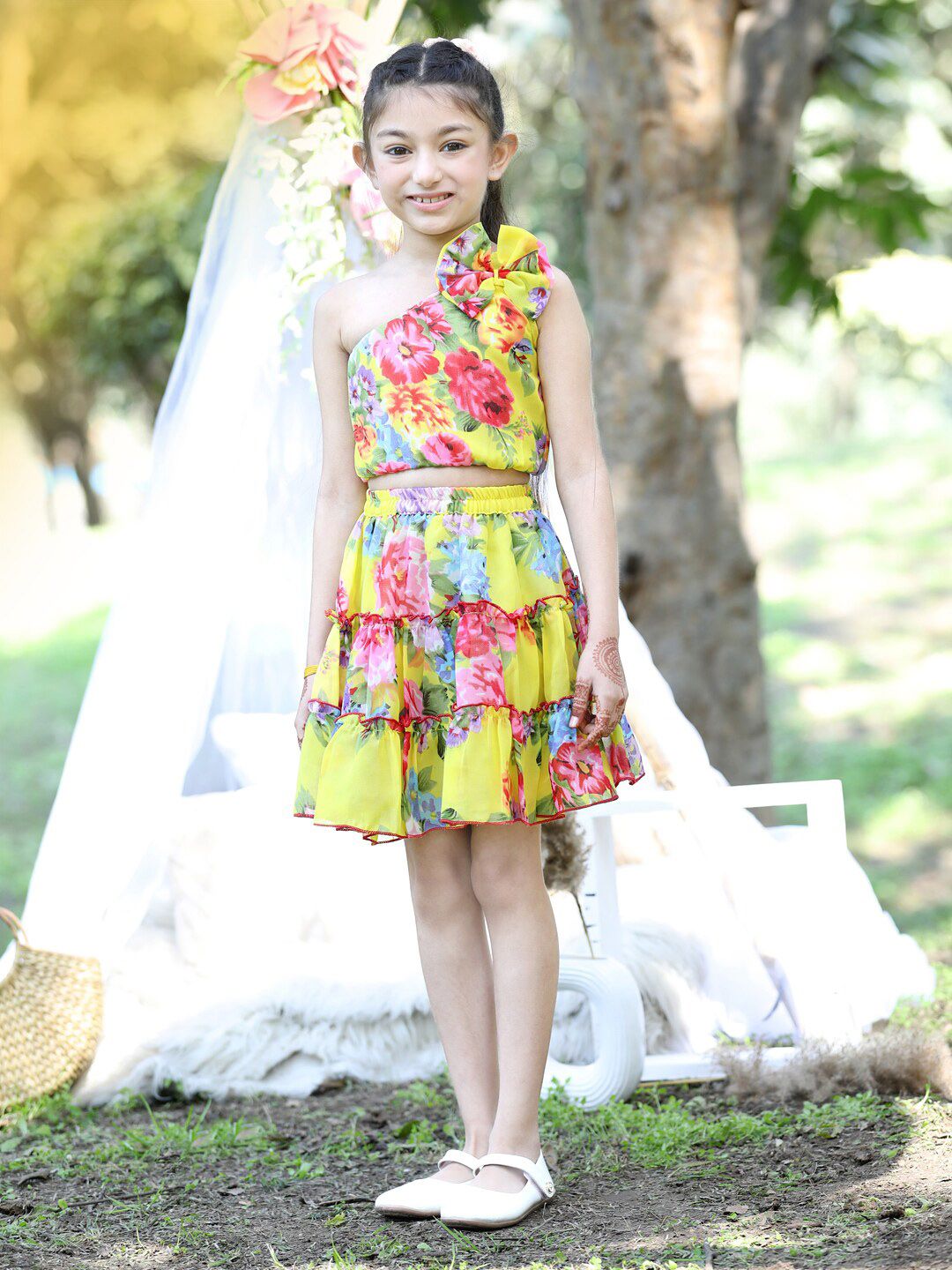 Cutiekins Girls Floral Printed One Shoulder Georgette Crop Top with Skirt