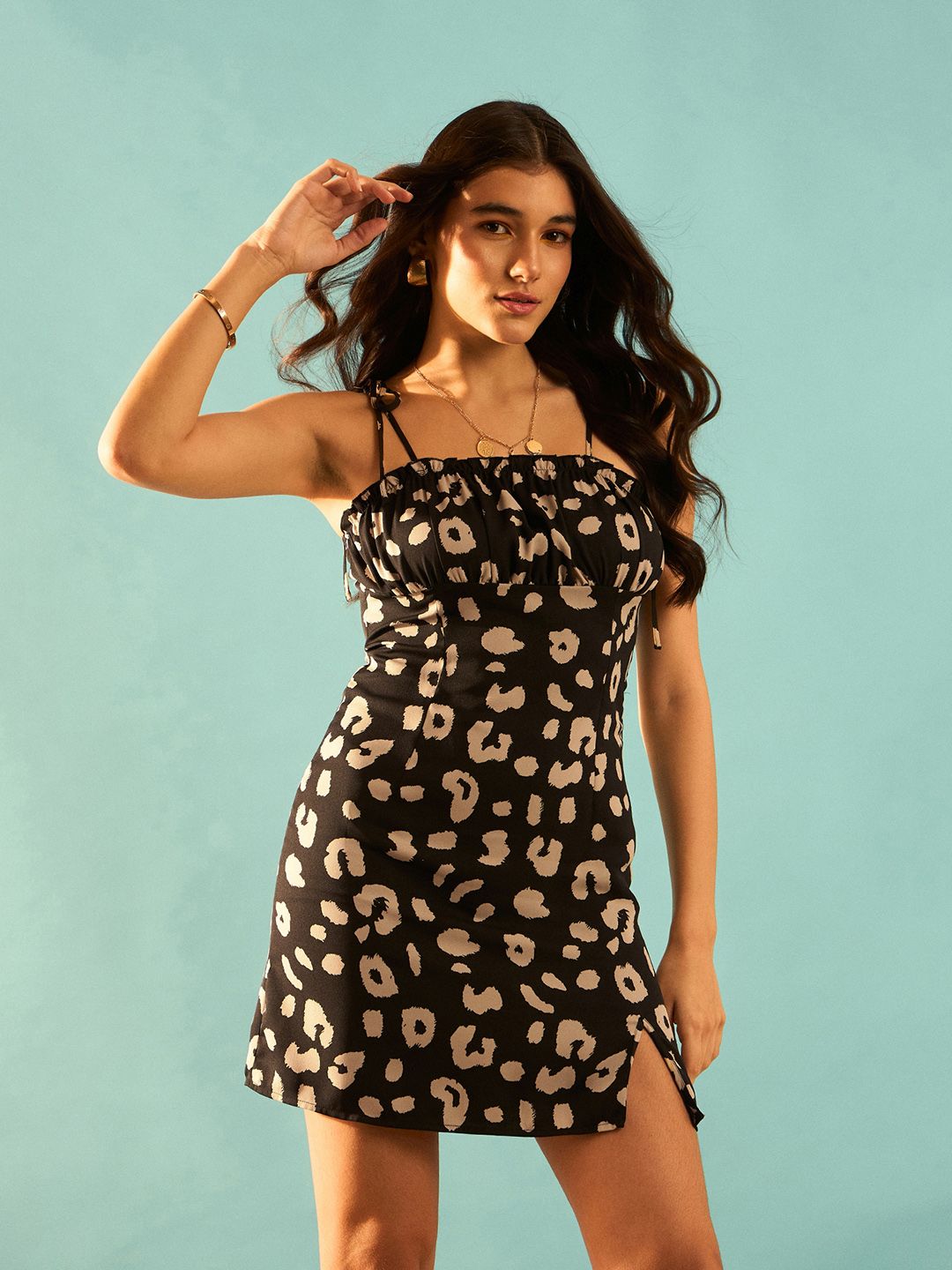 Berrylush Black Animal Printed Shoulder Straps Empire Mini Dress