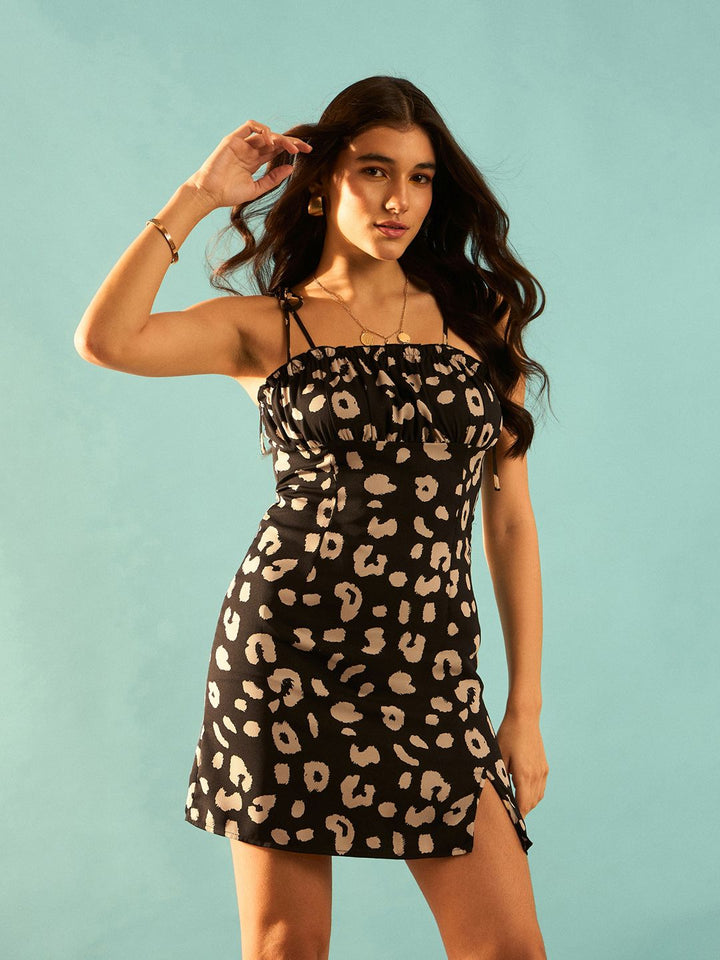 Berrylush Black Animal Printed Shoulder Straps Empire Mini Dress