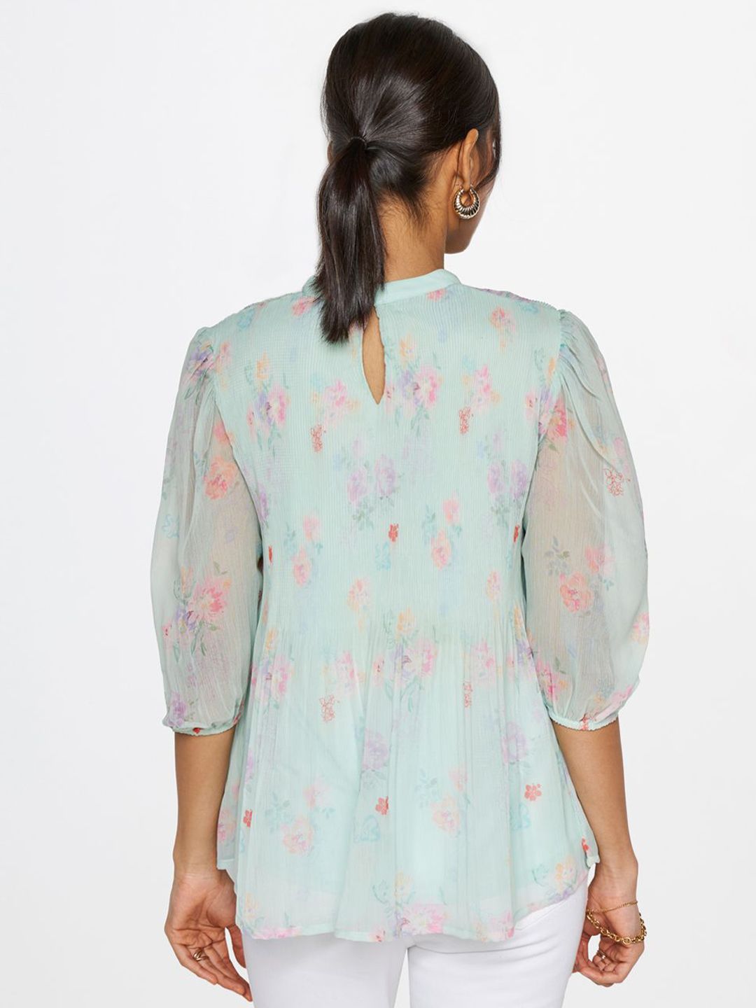 AND Floral Printed Round Neck Puff Sleeve Regular Top