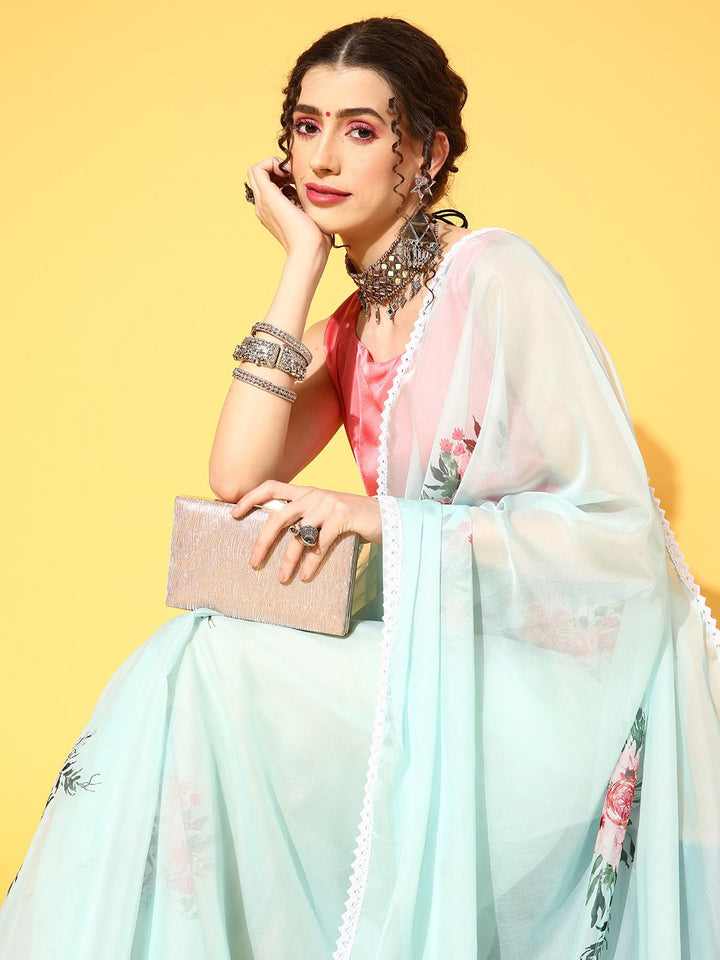 Saree mall Green Floral Print Organza Sarees