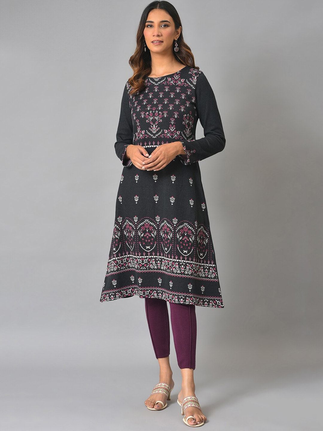 W Round Neck Floral Printed A-Line Kurta