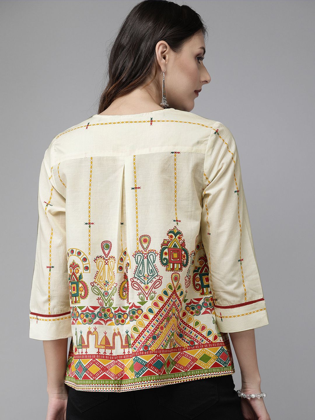 Anouk Beige & Red Antiviral Finish Ethnic Motifs Anti-Viral Pure Cotton Top