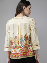 Anouk Beige & Red Antiviral Finish Ethnic Motifs Anti-Viral Pure Cotton Top