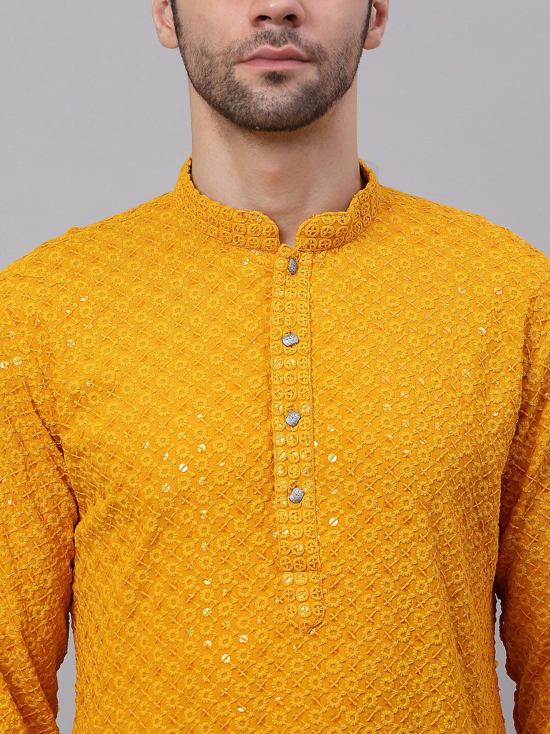 Jompers Men Mustard Yellow Floral Embroidered Sequined Cotton Kurta