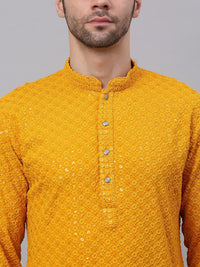 Jompers Men Mustard Yellow Floral Embroidered Sequined Cotton Kurta