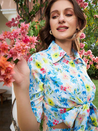 Athena Blue Floral Printed Front Knot Detail Crepe Shirt Style Crop Top