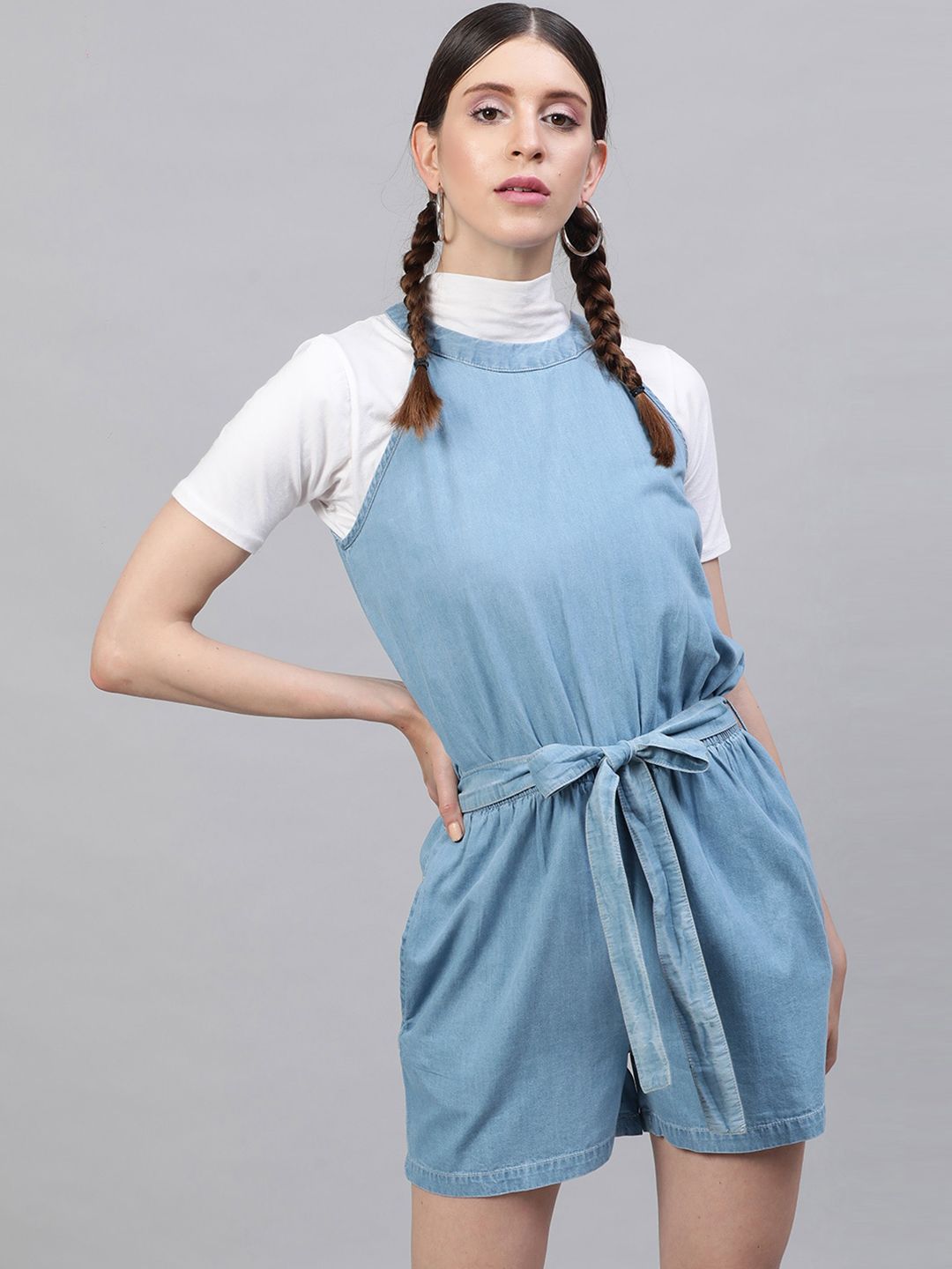 STREET 9 Women Blue Solid Cotton Playsuit