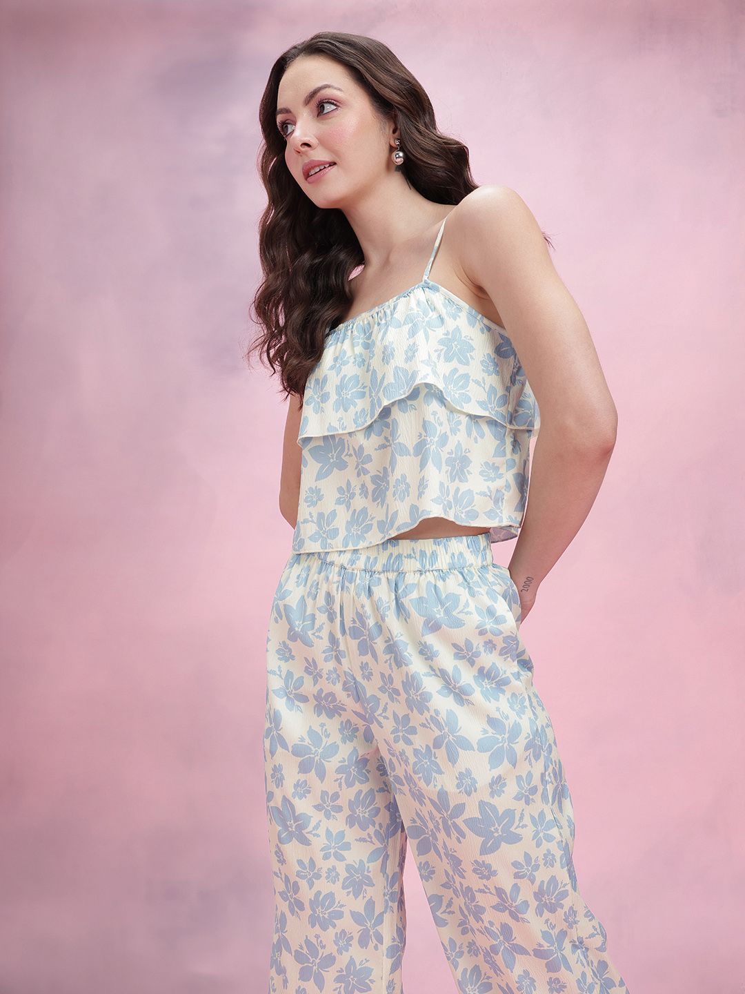 DressBerry Printed Ruffle Detail Sleeveless Top With Trousers Co-Ord Set