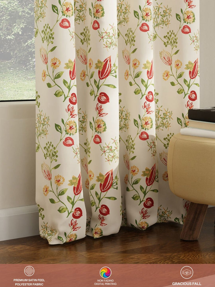 URBAN SPACE Pack of 2 White & Red Floral Printed Room Darkening Long Door Curtain