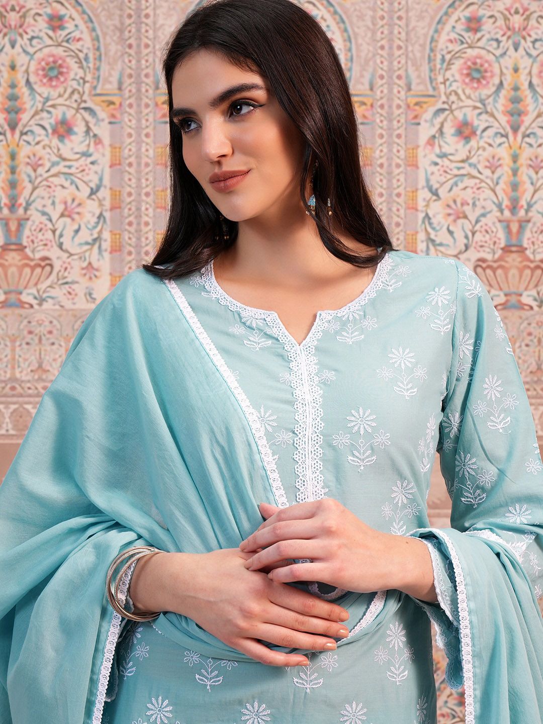 Vishudh Blue Ethnic Motifs Embroidered Thread Work Pure Cotton Kurta &Trouser & Dupatta