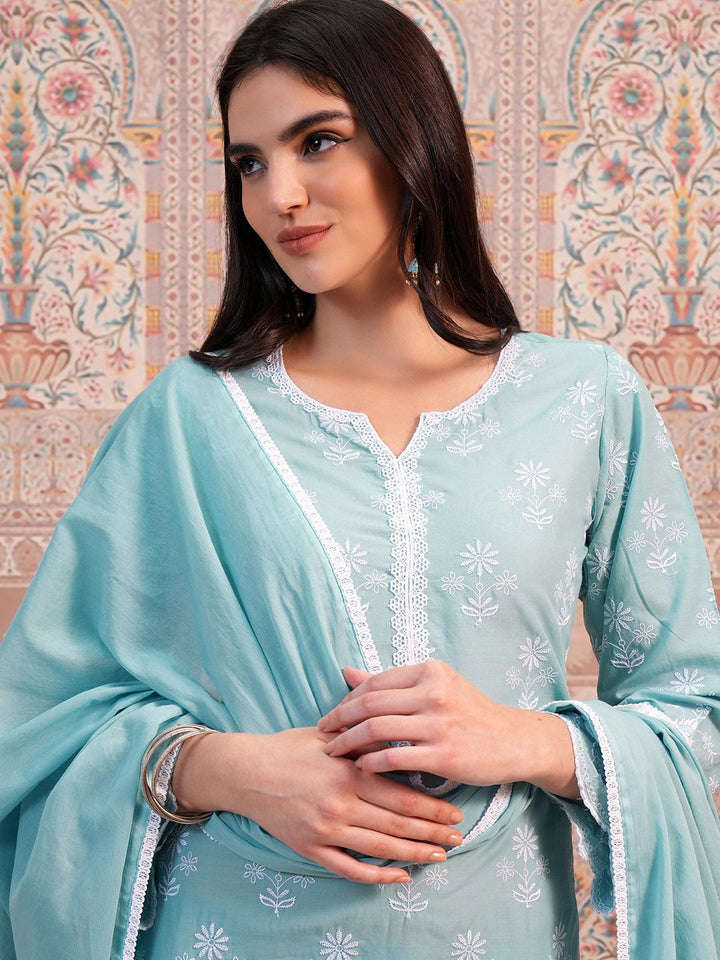 Vishudh Blue Ethnic Motifs Embroidered Thread Work Pure Cotton Kurta &Trouser & Dupatta