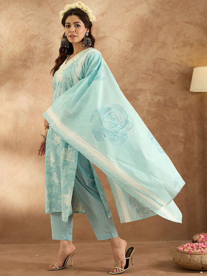 Indo Era Women Floral Embroidered Pure Cotton Kurta with Trousers & Dupatta