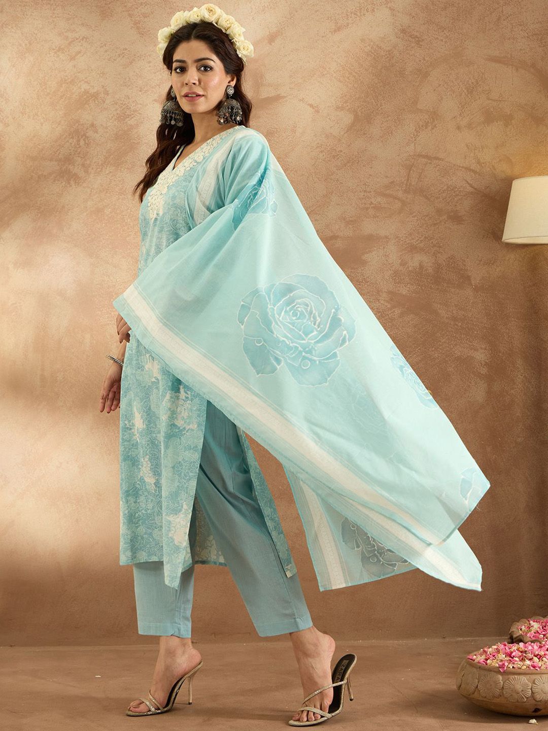 Indo Era Women Floral Embroidered Pure Cotton Kurta with Trousers & Dupatta