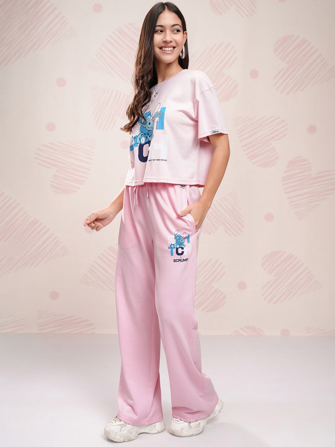 Tokyo Talkies Disney Women Stitch Printed Pure Cotton Boxy Fit T Shirt With Pant Co Ords