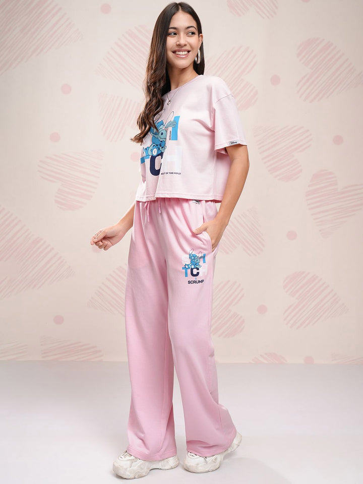 Tokyo Talkies Disney Women Stitch Printed Pure Cotton Boxy Fit T Shirt With Pant Co Ords