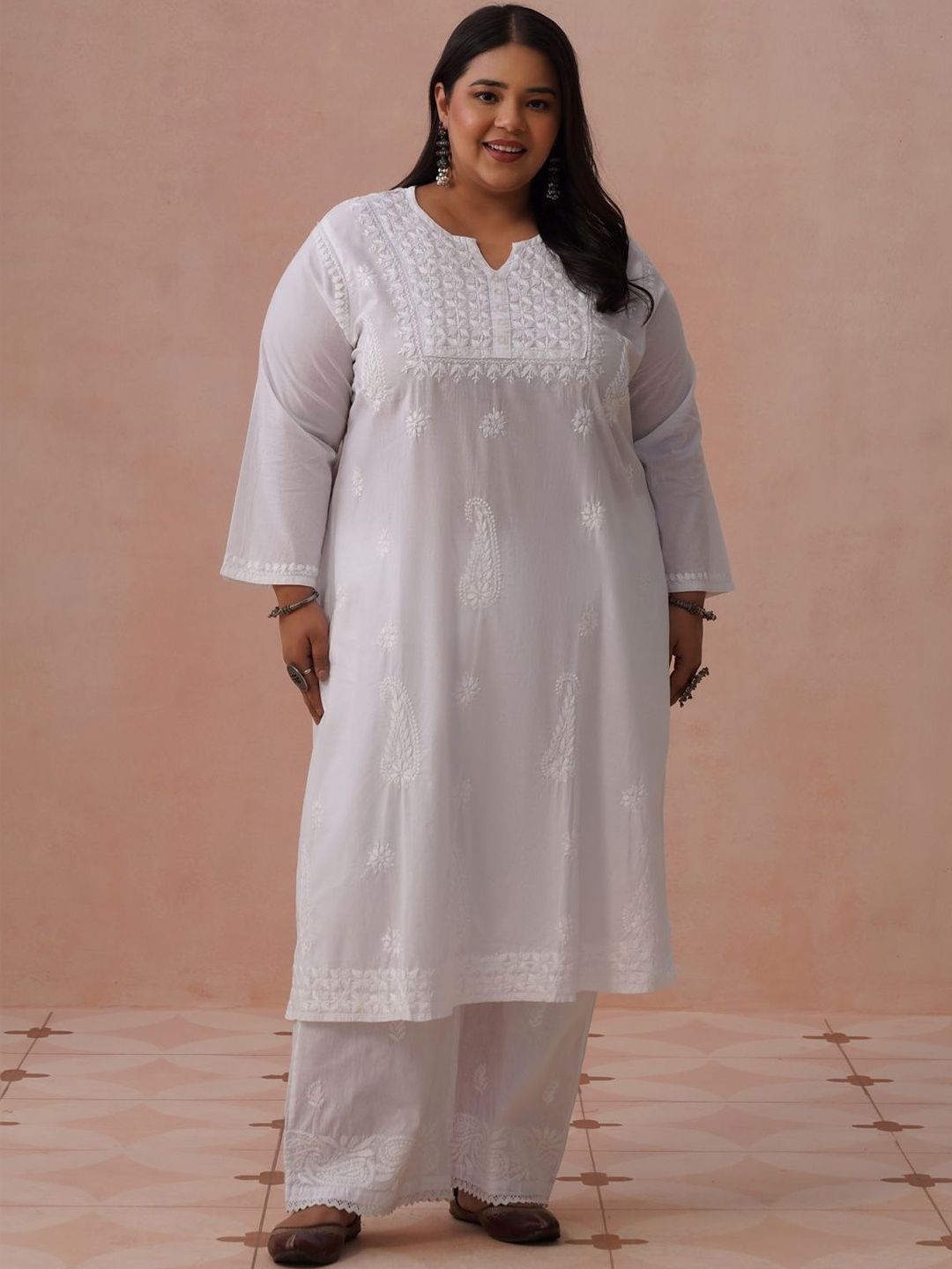 Rumah Motif Etnik Kapas Chikankari Kurta Panjang Betis Lurus