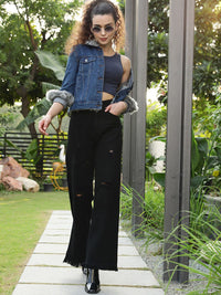 STREET 9 Women Black Flared High-Rise Mildly Distressed Pure Cotton Jeans