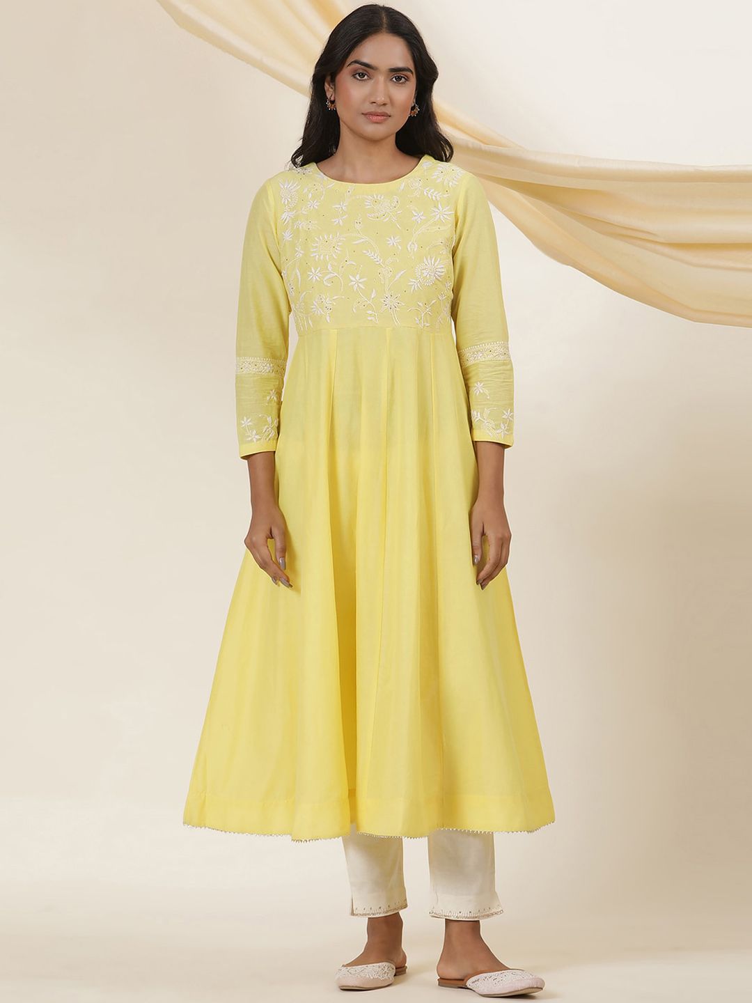 W Yellow Floral Embroidered Thread Work Cotton Empire Anarkali Kurta
