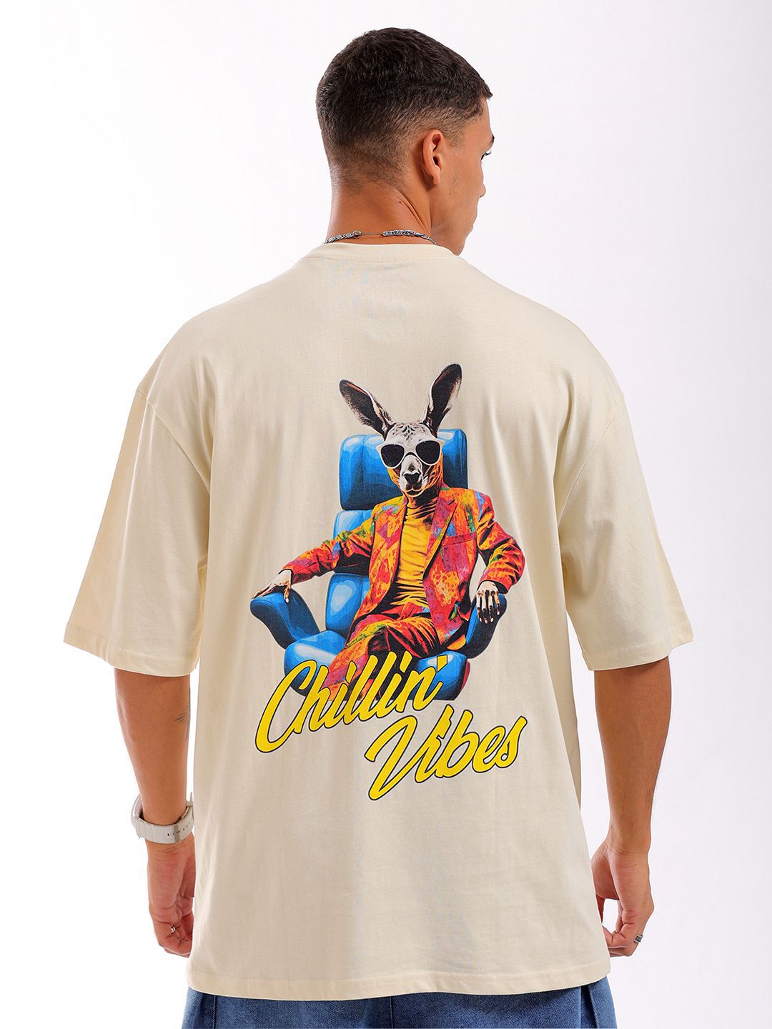 The Indian Garage Co Men Back Printed Oversized Round Neck Pure Cotton T-shirt