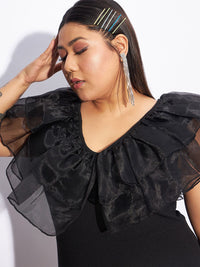 SASSAFRAS Curve Plus Size Black V-Neck Flutter Sleeves Sheath Dress