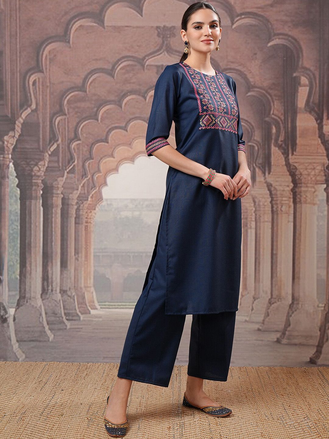 Vishudh Embroidered Regular Thread Work Kurta with Palazzos & With Dupatta